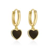 Pendientes de Gota en Latón, metal, Corazón, chapado en oro real, para mujer & esmalte, Negro, 20x7mm, Vendido por Par