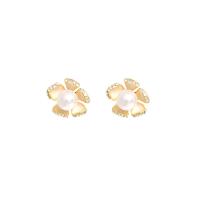 Pendientes de Perno de Aleación de Zinc, con Perlas de plástico ABS, chapado en color dorado, 2 piezas & Joyería & micro arcilla de diamantes de imitación & para mujer, dorado, 18x21mm, Vendido por Par