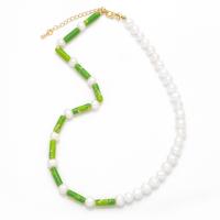 Collier de perles en plastique, perle de plastique, avec Jaspe d'impression & laiton, avec 2 chaînes de rallonge, Plaqué or 18K, pour femme, couleurs mélangées, 8x7mm, Longueur 15.7 pouce, Vendu par PC