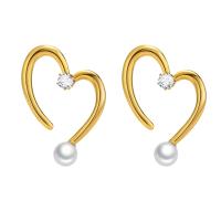 Roestvrij staal Stud Earrings, 304 roestvrij staal, met Plastic Pearl, Hart, mode sieraden & micro pave zirconia & voor vrouw, gouden, 22x30mm, Verkocht door pair