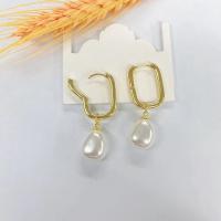 Messing oorhangers, met Plastic Pearl, echt goud verguld, voor vrouw, goud, 40mm, Verkocht door pair