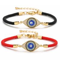 Bracelet Evil Eye bijoux, laiton, avec corde de coton, avec 1.97 chaînes de rallonge, Mauvais œil, Placage de couleur d'or, pavé de micro zircon & pour femme & émail, plus de couleurs à choisir, protéger l'environnement, sans nickel, plomb et cadmium, Longueur 6.69 pouce, Vendu par PC