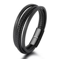 PU Leather Cord Bracelets with Zinc Alloy plumbum black color plated fashion jewelry & multilayer & for man black Length 21 cm Sold By PC