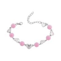 Bracelet European , alliage de zinc, avec perle de plastique, coeur, Placage de couleur argentée, pour femme, rose, protéger l'environnement, sans nickel, plomb et cadmium, 19mm, Longueur Environ 19-24.5 cm, Vendu par PC