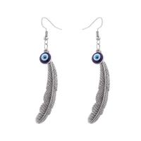 Evil Eye Øreringe, Zinc Alloy, Feather, sølvfarvet forgyldt, for kvinde & emalje, blå, nikkel, bly & cadmium fri, 11x78mm, Solgt af par