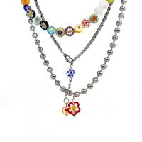 Collier de mode Multi couche, Acier titane, avec Millefiori Lampwork, avec 5cm chaînes de rallonge, fleur, poli, trois couches & bijoux de mode & pour femme, plus de couleurs à choisir, Longueur 40 cm, 36 cm, 43 cm, Vendu par PC