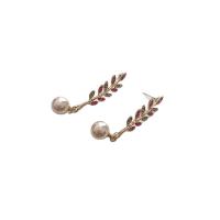 Zinc Alloy Drop Earrings with Plastic Pearl Leaf gold color plated fashion jewelry & for woman & with rhinestone nickel lead & cadmium free Sold By Pair