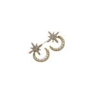 Cúbicos Circonia Pendiente Latón Micro pavimenta, aleación de zinc, con Perlas plásticas, Luna y estrella, chapado en color dorado, Joyería & micro arcilla de zirconia cúbica & para mujer, dorado, libre de níquel, plomo & cadmio, 17x23.40mm, Vendido por Par