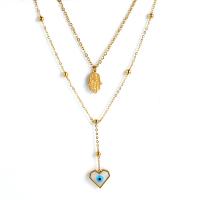 Collier Evil Eye bijoux, Acier titane, avec coquille, coeur, Placage de couleur d'or, Double couche & pour femme, Or, Longueur Environ 20 pouce, Vendu par PC