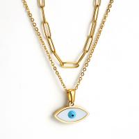 Collier Evil Eye bijoux, Acier titane, avec coquille, Placage de couleur d'or, Double couche & pour femme & émail, Or, 25x10mm, Longueur Environ 17.7 pouce, Vendu par PC