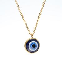 Collier Evil Eye bijoux, Acier titane, avec résine, Placage de couleur d'or, pour femme, bleu, 13mm, Longueur Environ 20 pouce, Vendu par PC