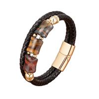 Läderrem Armband, läder sladd, med Tiger Eye & 304 rostfritt stål, handgjord, Dubbla lager & flätat armband & Unisex, fler färger för val, Längd Ca 8.3 inch, Säljs av PC