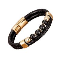 Leather Cord Bracelet with Natural Stone & 304 Stainless Steel handmade Double Layer & braided bracelet & Unisex Length Approx 8.3 Inch Sold By PC