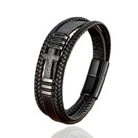 Lederen koord armband, met 304 roestvrij staal, handgemaakt, drie lagen & gevlochten armband & uniseks & micro pave zirconia, meer kleuren voor de keuze, Lengte Ca 8.3 inch, Verkocht door PC