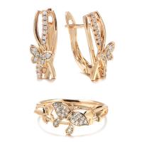 Cubic Zirconia Micro effenen koperen sieraden Sets, vinger ring & oorbel, Messing, Vlinder, rose goud plated, 2 stuks & verschillende grootte voor keus & micro pave zirconia & voor vrouw, nikkel, lood en cadmium vrij, 18mm, Maat:8-11, Verkocht door Stel