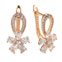 Boucles d'oreilles en laiton zircon cubique pavent, fleur, Plaqué de couleur d'or rose, pavé de micro zircon & pour femme, protéger l'environnement, sans nickel, plomb et cadmium, 19mm, Vendu par paire