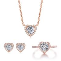 Micro zirconi Pave ottone Jewelry Set, Orecchino a bottone & anello dito & Collana, with 1.97inch extender chain, Cuore, placcato, tre pezzi & Micro spianare cubic zirconia & per la donna, nessuno, assenza di nichel,piombo&cadmio, 7x7mm, Misura:7, Lunghezza Appross. 15.7 pollice, Venduto da set