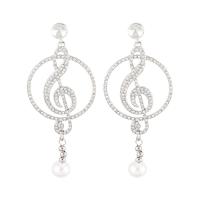 Boucles d'oreilles en alliage de zinc, avec perle de plastique, note de musique, Placage de couleur platine, pour femme & avec strass & creux, 36x87mm, Vendu par paire