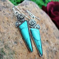 Boucle d'oreille turquoise, alliage de zinc, avec turquoise, Plaqué de couleur d'argent, bijoux de mode & pour femme, protéger l'environnement, sans nickel, plomb et cadmium, 48x13mm, Vendu par paire