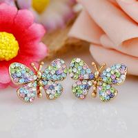 Rhinestone Ørering, Zinc Alloy, Butterfly, for kvinde & med rhinestone, flere farver til valg, 9x7mm, Solgt af par