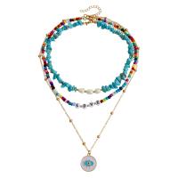 Collier de mode Multi couche, alliage de zinc, avec Seedbead & Plastique ABS perle & turquoise, avec 5cm chaînes de rallonge, Placage de couleur d'or, trois pièces & bijoux de mode & motif de mauvais œil & pour femme & émail, multicolore, 20mm, Longueur 52 cm, Vendu par fixé