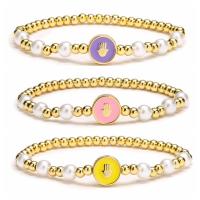 Pulseras de latón, metal, con Perlas plásticas, chapado en color dorado, para mujer & esmalte, más colores para la opción, libre de níquel, plomo & cadmio, longitud 7.28 Inch, Vendido por UD