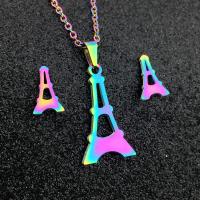 Set di gioielli in acciaio inox, Orecchino a bottone & Collana, 304 acciaio inox, Torre Eiffel, 2 pezzi & gioielli di moda & per la donna, multi-colore, 13*23mm,7*11mm, Lunghezza Appross. 17.72 pollice, Venduto da set