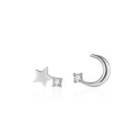 asymmetrische Ohrringe, Messing, Mond und Sterne, Platinfarbe platiniert, Modeschmuck & Micro pave Zirkonia & für Frau, Platin Farbe, frei von Nickel, Blei & Kadmium, 10x6mm,11x12mm, verkauft von Paar