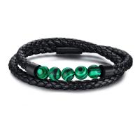 Pulseras de Cuero, con Piedra natural & Partículas de acero, hecho a mano, pulsera trenzada & unisexo & diferentes estilos para la opción, Negro, longitud 21 cm, Vendido por UD