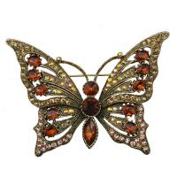 Broche de strass, alliage de zinc, papillon, Plaqué de couleur d'or antique, unisexe & avec strass, couleurs mélangées, protéger l'environnement, sans nickel, plomb et cadmium, 98x73mm, Vendu par PC