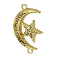 Cubic Zirconia Micro Pave Latão Connector, cobre, Lua e estrela, banhado a ouro genuino, micro pavimento em zircônia cúbica, dourado, 27x17x3mm, Buraco:Aprox 1.5mm, vendido por PC