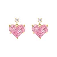 Boucles d'oreilles en laiton zircon cubique pavent, coeur, Placage de couleur d'or, pavé de micro zircon & pour femme, rose, 16x13mm, Vendu par PC