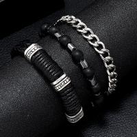 PU cavo bracciali, with Perle di vetro & Ematite & lega in zinco, tre pezzi & gioielli di moda & per l'uomo, nero, 5-6cm, Venduto da set