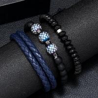 Bracelets cordon PU, cuir PU, avec Des billes de verre & Hématite & alliage de zinc, trois pièces & bijoux de mode & pour homme, couleur bleu foncé, 5-6cm, Vendu par fixé