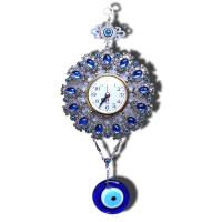 Sinc Alloy Wall Clock, le Lampwork, dath airgid antique plátáilte, Inbhuanaithe & patrún súl olc & le rhinestone, gorm, nicil, luaidhe & caidmiam saor in aisce, 18cm,7cm, Fad 42.5 cm, Díolta De réir PC