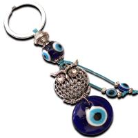 Llaveros, aleación de zinc, con Cristal de murano, Búho, chapado en color de plata antigua, patrón de malvado de ojo, azul, libre de níquel, plomo & cadmio, longitud 12.5 cm, Vendido por UD