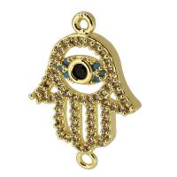 Connecteur Evil Eye, laiton, main, Plaqué d'or, pavé de micro zircon, Or, 23x16x3mm, Trou:Environ 1.5mm, Vendu par PC