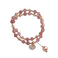 Braccialetti in cristallo naturale, Strawberry Quartz, with ottone, 14K pieno d'oro, Doppio strato & gioielli di moda & Micro spianare cubic zirconia & per la donna, 6mm, Lunghezza 34.5 cm, Venduto da PC