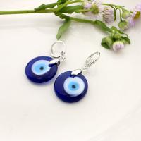 Evil Eye Örhängen, Lampwork, med Zink Alloy, Flat Round, silver pläterad, Unisex & onda ögat mönster, blå, 20mm, Säljs av Par