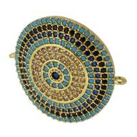 Connecteur Evil Eye, laiton, Plat rond, Plaqué d'or, pavé de micro zircon, bleu, 26x23x5mm, Trou:Environ 1mm, Vendu par PC