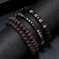 PU leder koord armbanden, met Glazen kralen & Hematiet & Zinc Alloy, drie stuks & mode sieraden & voor de mens, koffie kleur, 5-6cm, Verkocht door Stel