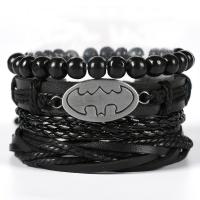 Bráisléad Cowhide, le PU & Sinc Alloy, lámhdhéanta, 4 phíosa & bracelet braided & do fear, dubh, 60mm, Díolta De réir PC