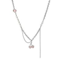 Collier d'acier titane, avec Pendentif en alliage de zinc & Oeil de chat & perle de plastique, avec 5.5cm chaînes de rallonge, cerise, Placage de couleur argentée, bijoux de mode & pour femme, Longueur 41 cm, Vendu par PC