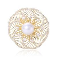 Cubic Zirconia Spilla, ottone, with perla in plastica, Fiore, placcato color oro, Micro spianare cubic zirconia & per la donna, bianco, assenza di nichel,piombo&cadmio, 45x45mm, Venduto da PC