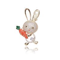 Broche zircon, laiton, lapin, Placage de couleur d'or, pavé de micro zircon & pour femme & émail, orange, protéger l'environnement, sans nickel, plomb et cadmium, 30x49mm, Vendu par PC