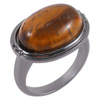 Dragi kamen Finger Ring, Cink Alloy, s Tiger Eye, starinski srebrne boje pozlaćen, za čovjeka, braon, nikal, olovo i kadmij besplatno, Unutarnji promjer:Približno 19mm, Prodano By PC