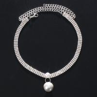 Zinc Alloy Jewelry Necklace Rhinestone with Plastic Pearl & Zinc Alloy silver color plated fashion jewelry & for woman Length Approx 12-19.6 Inch Sold By PC