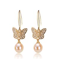 Freshwater Pearl øreringe, Ferskvandsperle, med Messing, Butterfly, 18K forgyldt, Micro Pave cubic zirconia & for kvinde, flere farver til valg, 10x35mm, 5par/Lot, Solgt af Lot