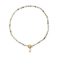 Gemstone smycken halsband, Amazonit, med Freshwater Pearl & Mässing, 18K guldpläterad, mode smycken & för kvinna, Längd Ca 44 cm, Säljs av PC