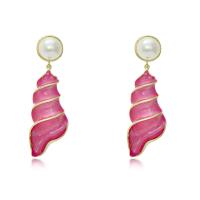 Zinc Alloy Øreringe, med Plastic Pearl, Conch, guldfarve belagt, for kvinde & emalje, flere farver til valg, 25x72mm, Solgt af par